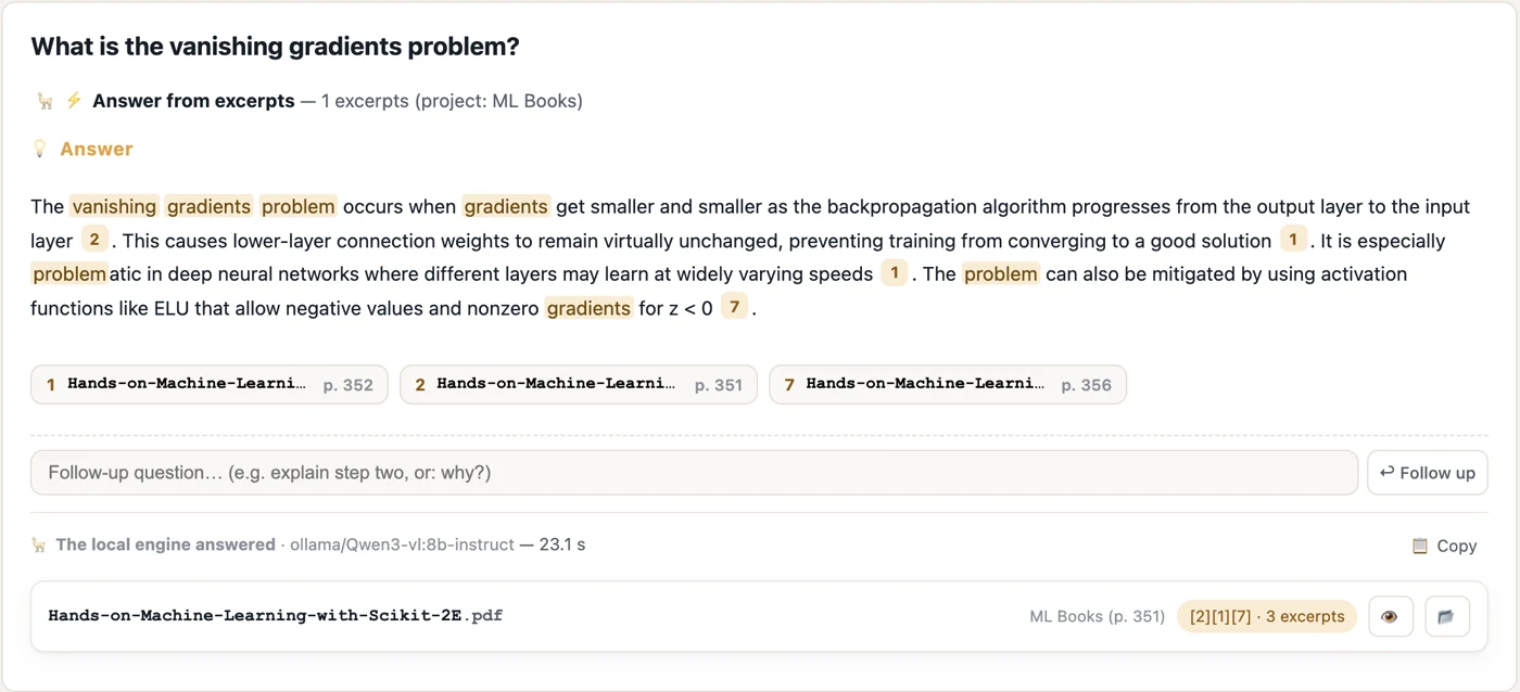 Warreni answering a question about vanishing gradients, with numbered sources and page numbers